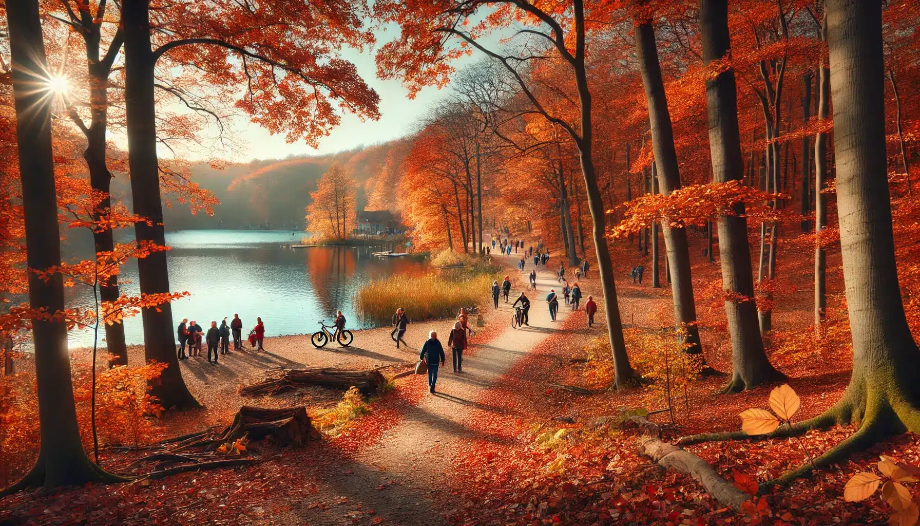 A-beautiful-autumn-landscape-with-people-enjoying-outdoor-activities.-In-the-foreground-hikers-walk-along-a-forest-trail-covered-in-colorful-fallen-l. rester actif formeetvitalité.fr